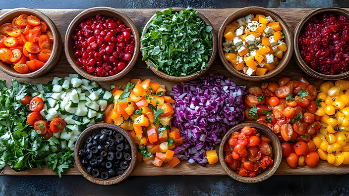 bowls of chopped vegetables