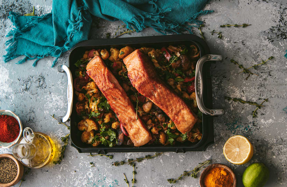 Grilled Salmon With Mushrooms And Cauliflower