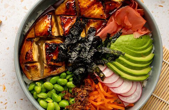 Sweet Miso Glazed Eggplant Poke Bowl
