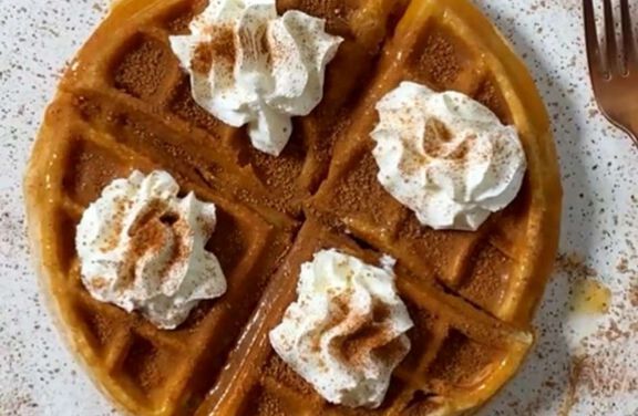Cinnamon Churro Waffles With Coconut Cream & Caramel Dipping Sauce