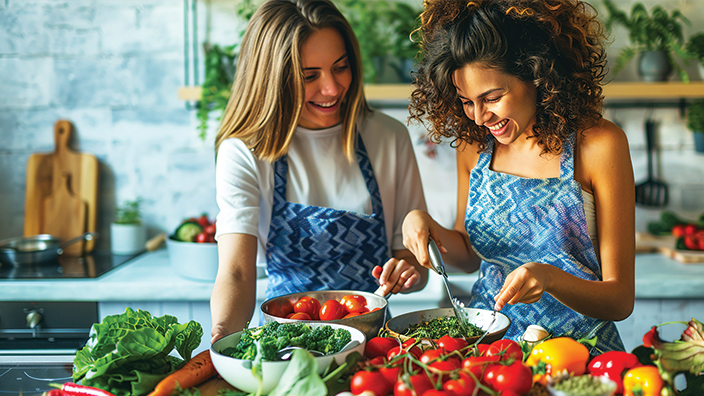 Two women in a kitchen with bowls of vegetables 