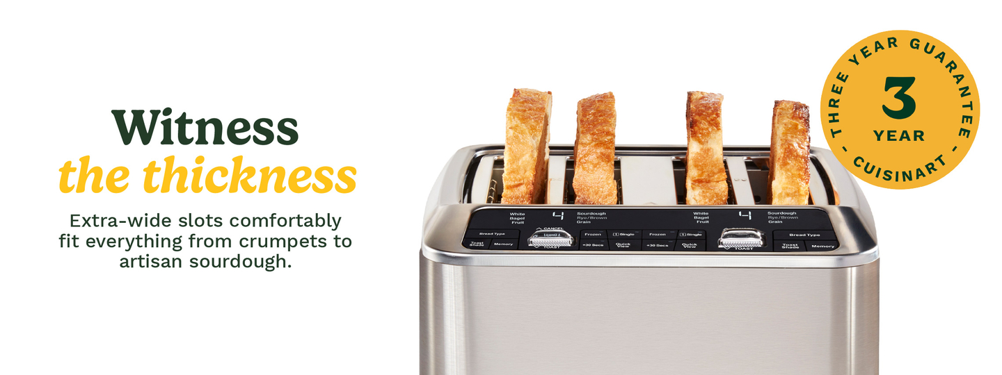 toaster with toast and showing 3 year warranty